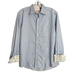 Robert Graham Button Front Shirt Blue Striped Polka Dot Print Flip Cuffs Mens M‎